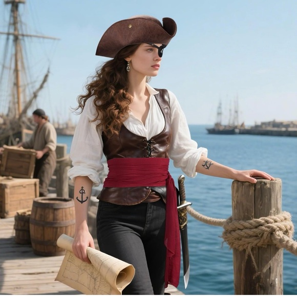 Pirate Hat for Women Men Colonial Tricorn Hat Halloween Pirate Costume 3PC - Picture 6 of 12